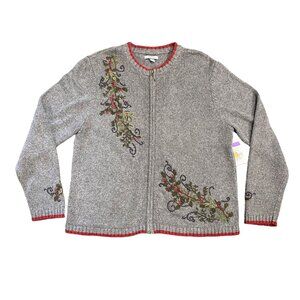Croft Barrow Xmas Cardigan Sweater XL Gray Holly Embroidered Traditional Holiday